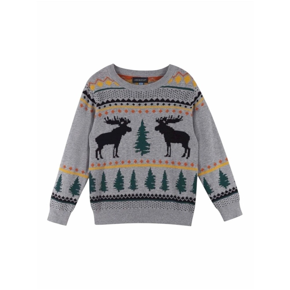 Andy & Evan Fair Isle Sweater Boys 6 Gray Moose Cotton Lodge Holiday Winter